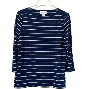 Liz Claiborne Ribbed Knit Pull Over Navy White Stripes Buttons on Sleeve Size M